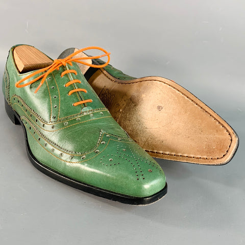UNDANDY Size 10 Green Orange Perforated Leather Wingtip Oxford Lace-Up Shoes
