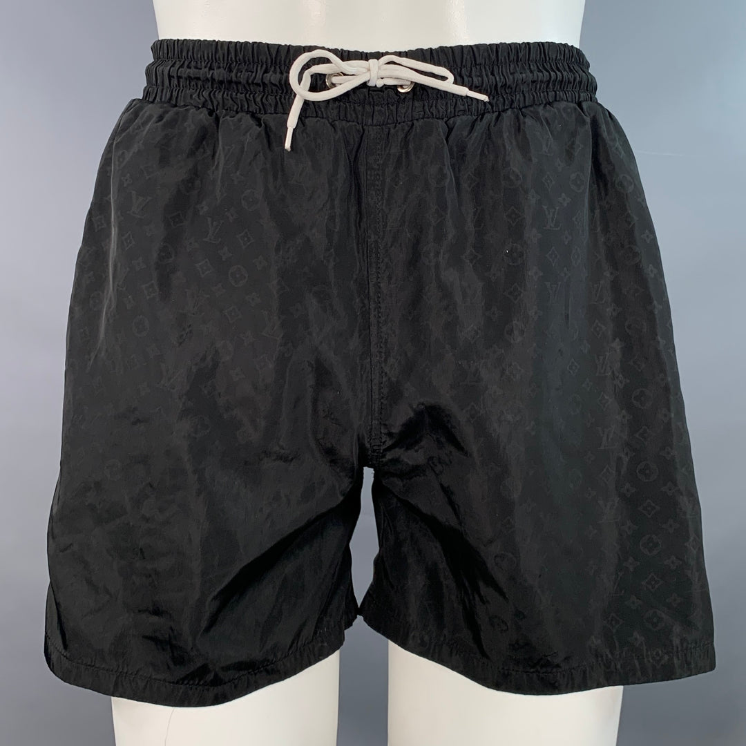 LOUIS VUITTON Size M Black Logo Nylon Drawstring Swim Trunks