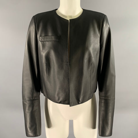 AKRIS Size 12 Black Leather Cropped Jacket