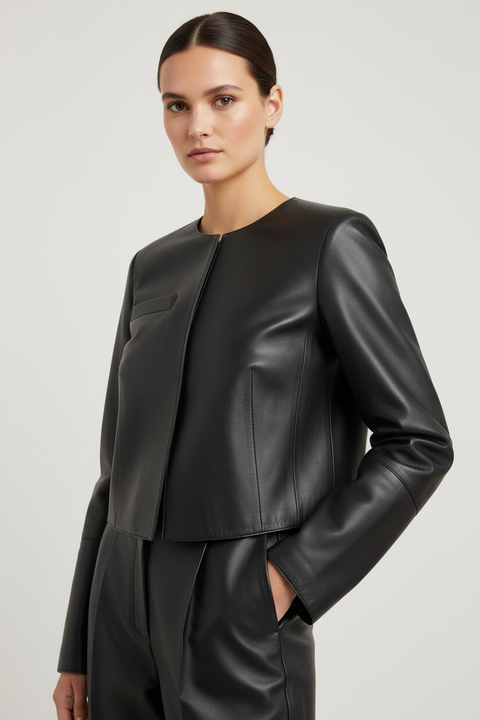 AKRIS Size 12 Black Leather Cropped Jacket