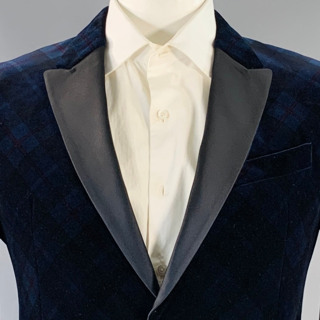 ARMANI COLLEZIONI Size 42 Navy Black Plaid Cotton Velvet Peak Lapel Sport Coat