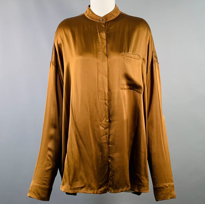 HAIDER ACKERMANN Chemise marron en satin de soie col Nehru à boutons cachés Taille S