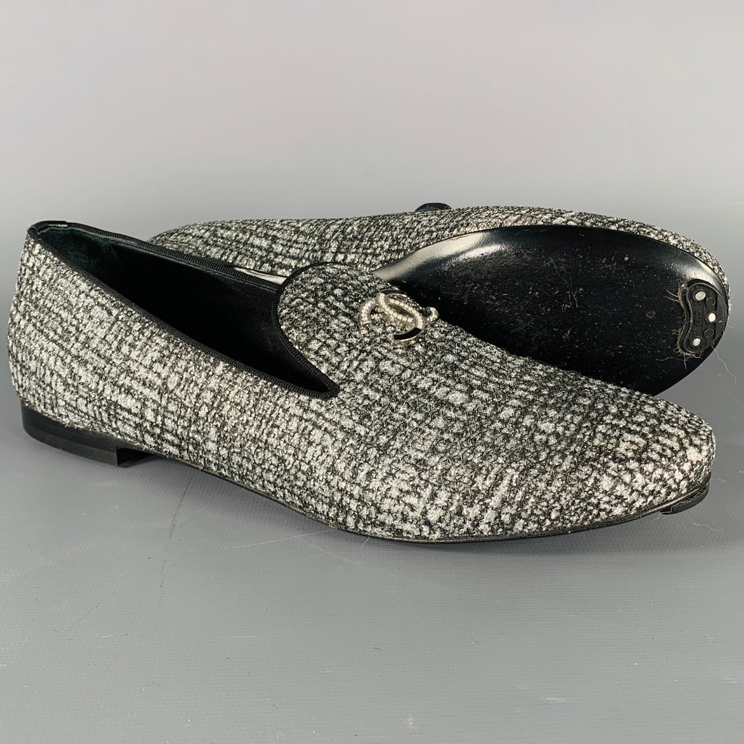 CHANEL Size 8 CC Silver Black Glitter Loafer Flats