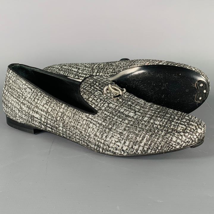CHANEL Size 8 CC Silver Black Glitter Loafer Flats