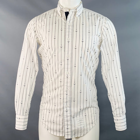 THOM BROWNE Size S White Navy Nautical Pinstripe Cotton One Pocket Long Sleeve Shirt