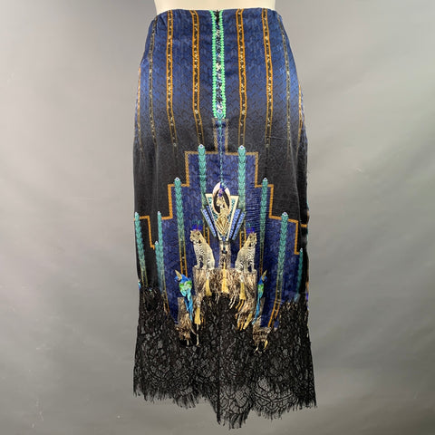 CAMILLA Size M Navy Multi Color Art Deco Animal Print Pencil Midi Skirt