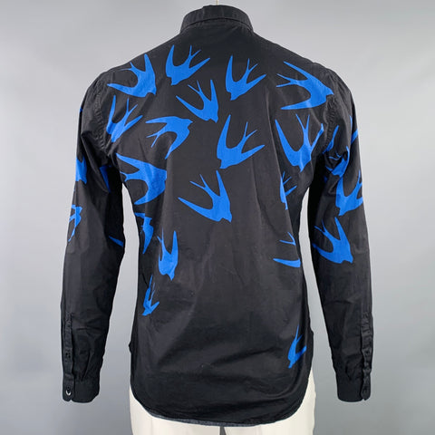 MCQ by ALEXANDER MCQUEEN Size 42 Black Blue Birds Cotton Long Sleeve Shirt