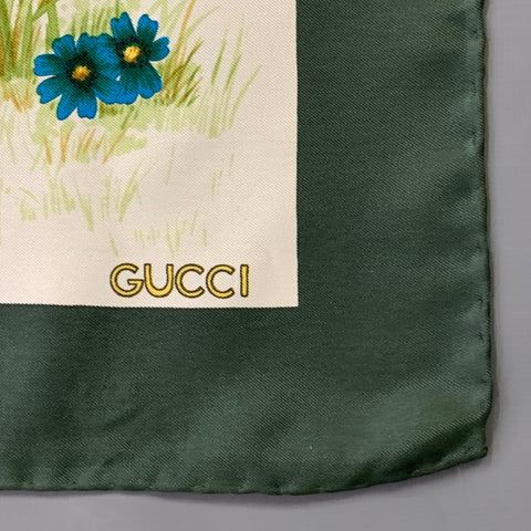GUCCI Green Multi Color Birds Silk Square Scarf Shawl