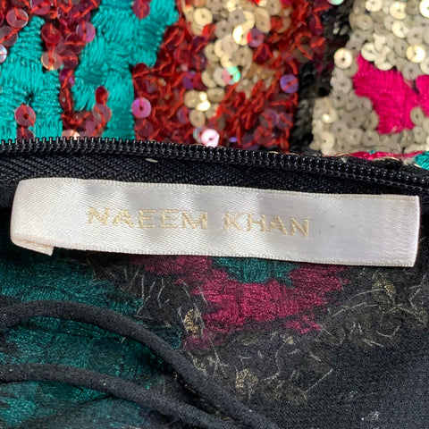 NAEEM KHAN Size S Black Pink Green Sequined Pencil Below Knee Skirt