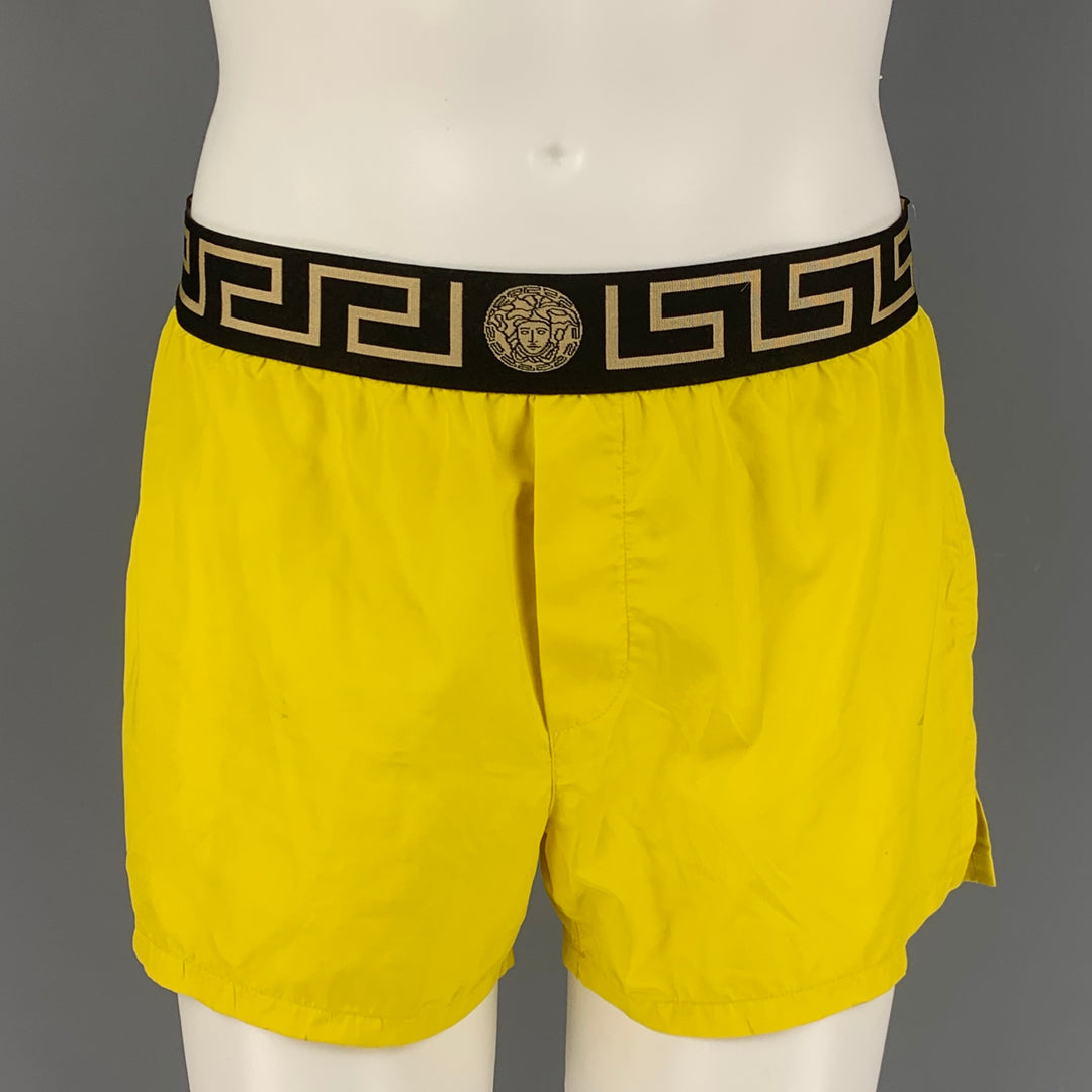 VERSACE Size M Yellow Black Gold Nylon Elastic Waistband Swim Trunks