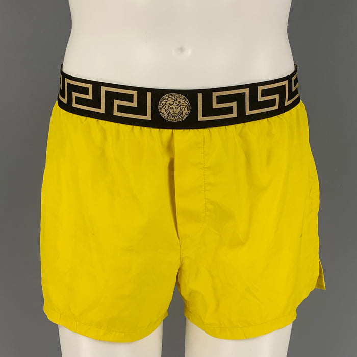 VERSACE Size M Yellow Black Gold Nylon Elastic Waistband Swim Trunks