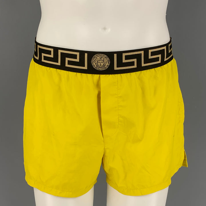 VERSACE Size M Yellow Black Gold Nylon Elastic Waistband Swim Trunks