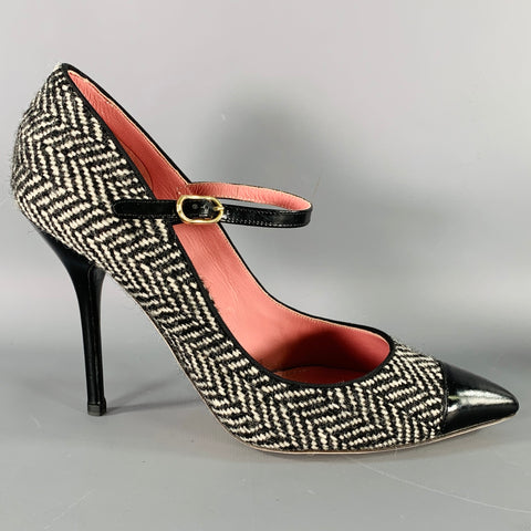 DOLCE & GABBANA Size 8.5 Black White Wool Herringbone Leather Trim Heels Pumps