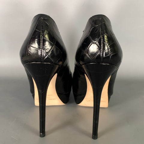 JIMMY CHOO Size 6 Black Leather Croc Embossed Stiletto Pumps