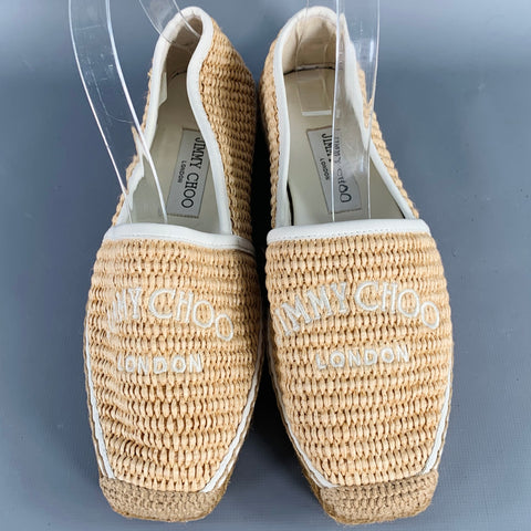 JIMMY CHOO Size 6.5 White Natural Straw Woven Espadrille Flats