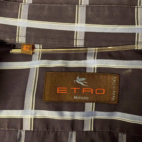 ETRO Size XL Navy Blue Plaid Cotton Spread Collar Long Sleeve Shirt