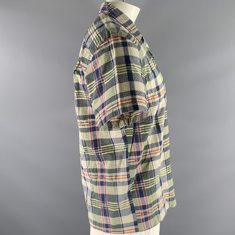 RRL by RALPH LAUREN Size L Blue Green Plaid Cotton Seersucker Camp Short Sleeve Shirt