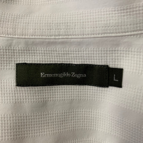 ERMENEGILDO ZEGNA Size L White Stripe Cotton Pointed Collar Short Sleeve Shirt