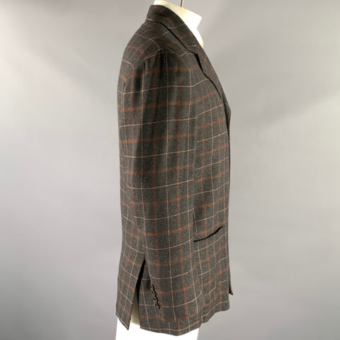 KITON Size 40 Grey Brown Plaid Cashmere Notch Lapel Sport Coat