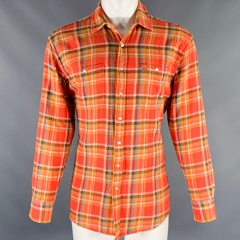 Chemise à manches longues à carreaux coton orange blanc vert taille M PROPER CLOTH