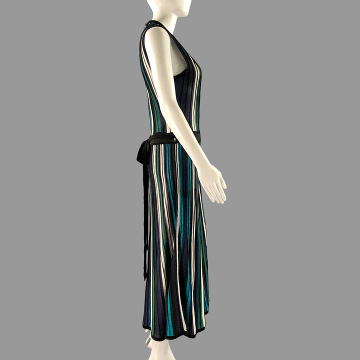 DIANE VON FURSTENBERG Size M Black Green Silk Blend Stripe Wrap Mid-Calf Dress