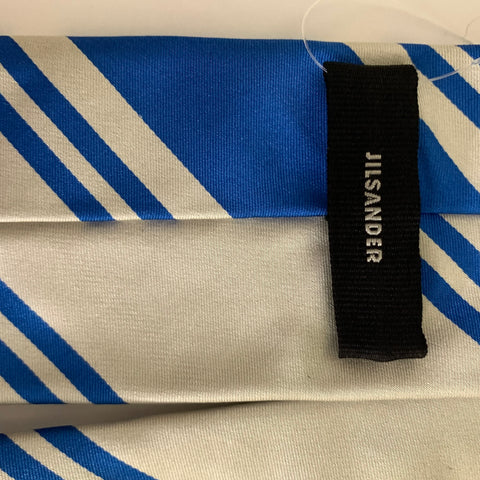 JIL SANDER Size Blue & Beige Silver Stripe Silk Tie