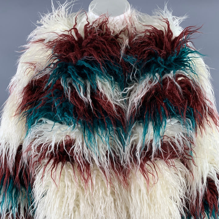 FRIED RICE One Size White Burgundy Teal Stripe Polyester Faux Fur Coat