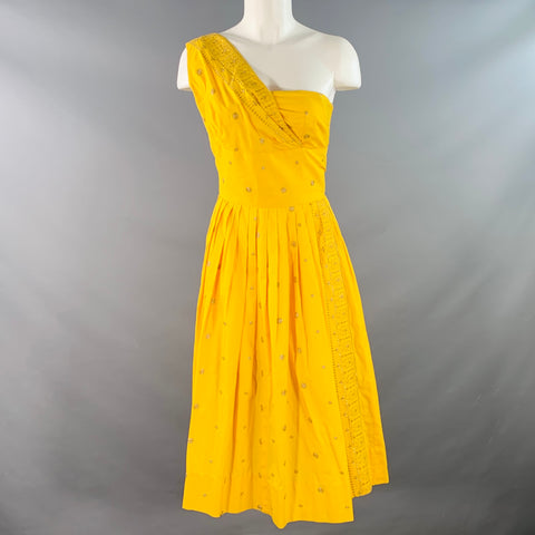 GRETA PLATTRY Vintage Size M Yellow Gold Embroidered One Shoulder Dress