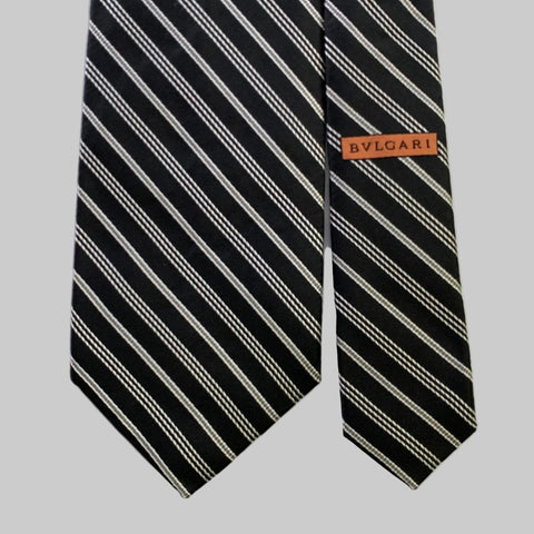 BVLGARI Black White Diagonal Stripe Silk Tie