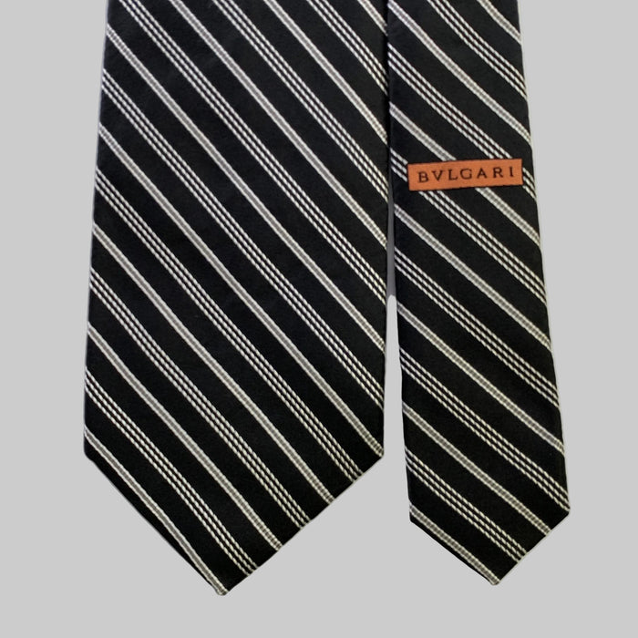 BVLGARI Black White Diagonal Stripe Silk Tie
