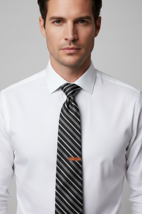 BVLGARI Black White Diagonal Stripe Silk Tie