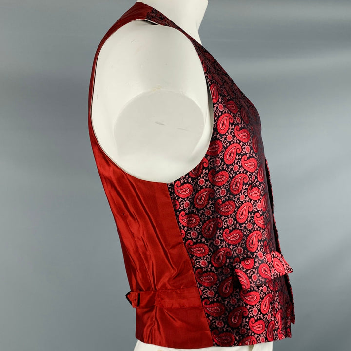 CHARVET Size L Burgundy Black Jacquard Silk Buttoned Vest
