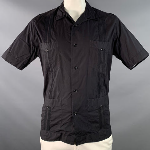 MONITALY Size XL Black Stripe Cotton Guayabera Short Sleeve Shirt