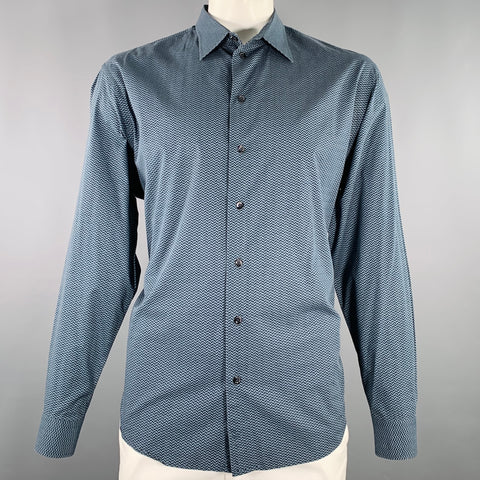EMPORIO ARMANI Size XXL Blue Black Herringbone Long Sleeve Shirt