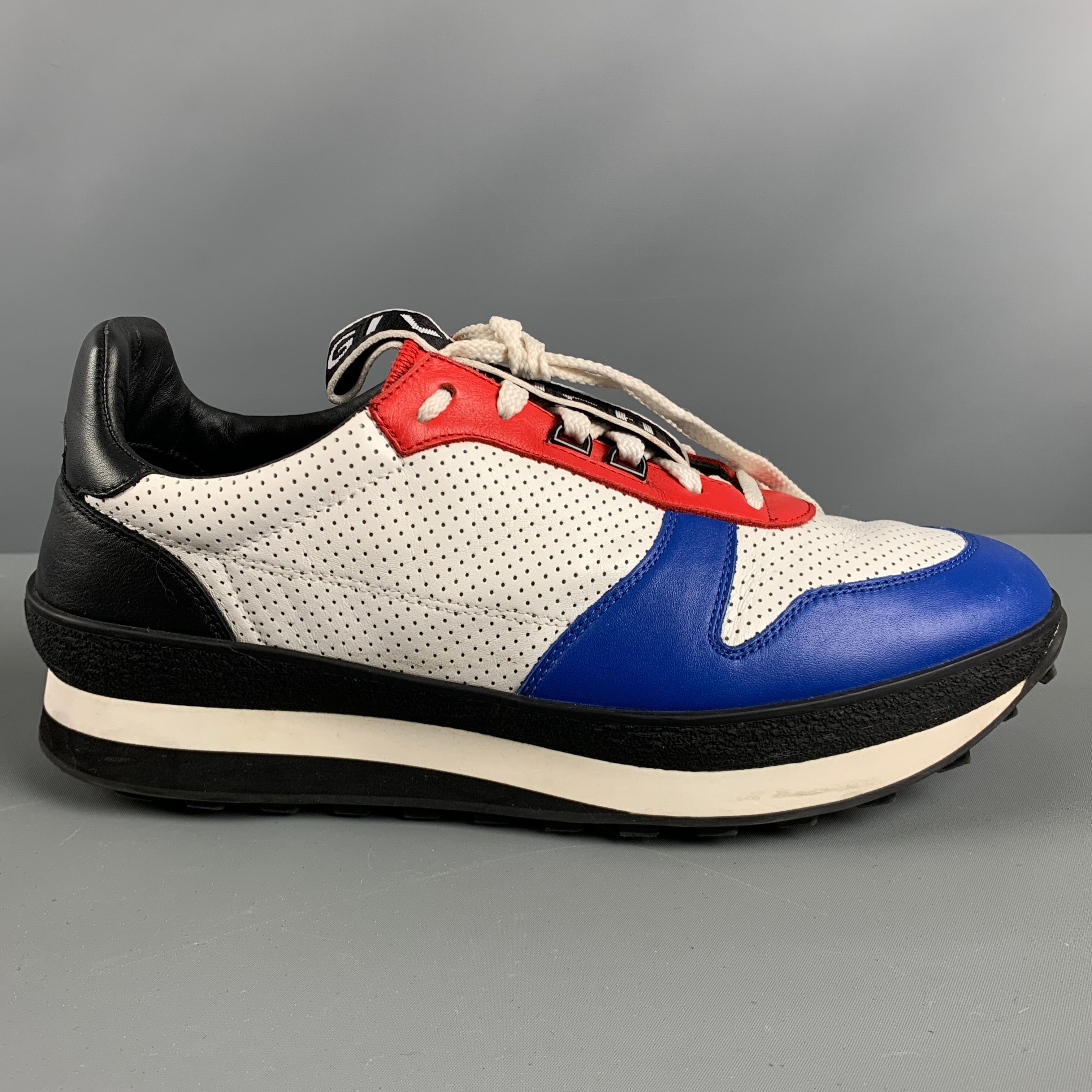 GIVENCHY Size 11 White Red Blue Perforated Leather Sneakers Sui Generis Designer Consignment