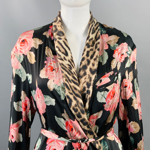 R13 Size XS Black Multi Color Silk Floral Shawl Collar Smoking Robe
