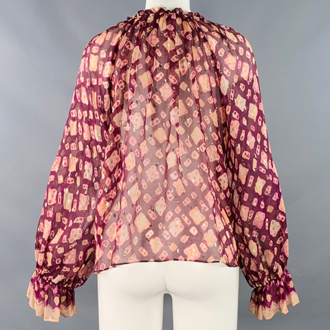 ULLA JOHNSON Size 4 Purple Yellow Silk Blend Abstract Bishop Sleeve Casual Top