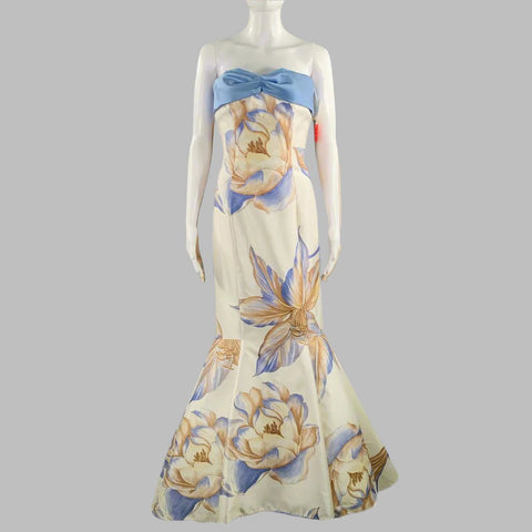 RIZIK BROS. Size 6 Cream Blue Tan Silk Floral Shawl Strapless Gown