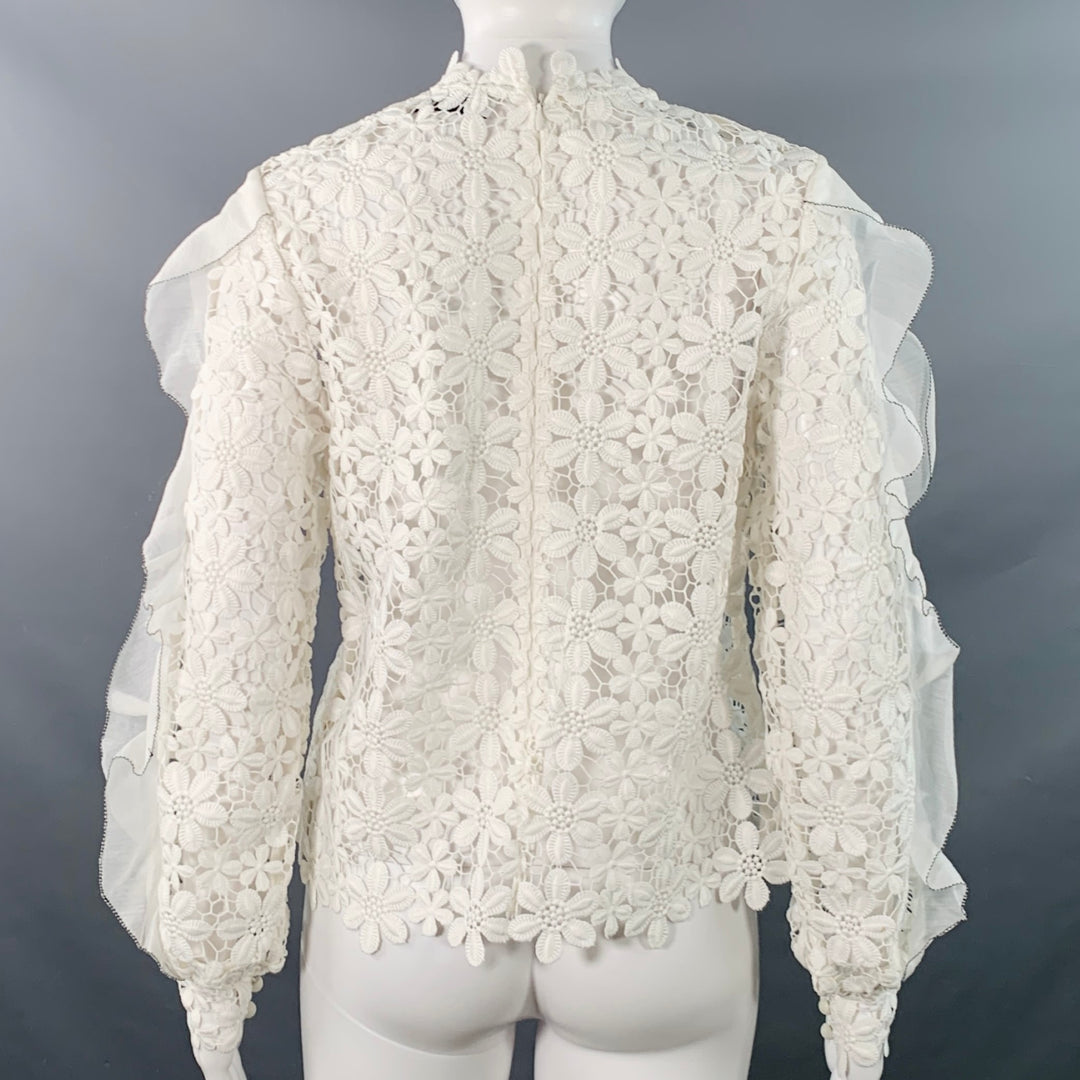 SELF-PORTRAIT Size 6 White Polyester Cotton Floral Crochet Ruffle Blouse