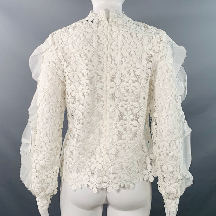 SELF-PORTRAIT Size 6 White Polyester Cotton Floral Crochet Ruffle Blouse