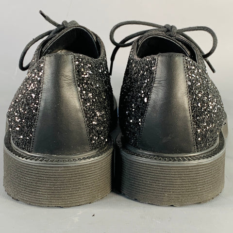 GIUSEPPE ZANOTTI Size 8 Black Glitter Leather Derby Lace-Up Shoes