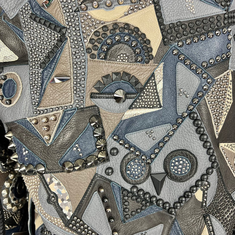 FENDI Printemps 2016 Taille 34 Gris Bleu Agneau Cerf Cuir Peau de Serpent Clouté Allover Monster Veste