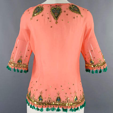 MATTHEW WILLIAMSON Size 6 Orange Green Silk Embroidered 3/4 Sleeves Casual Top