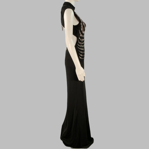 JOHN RICHMOND Size 4 Black Silver Viscose Studded High Neck Evening Gown