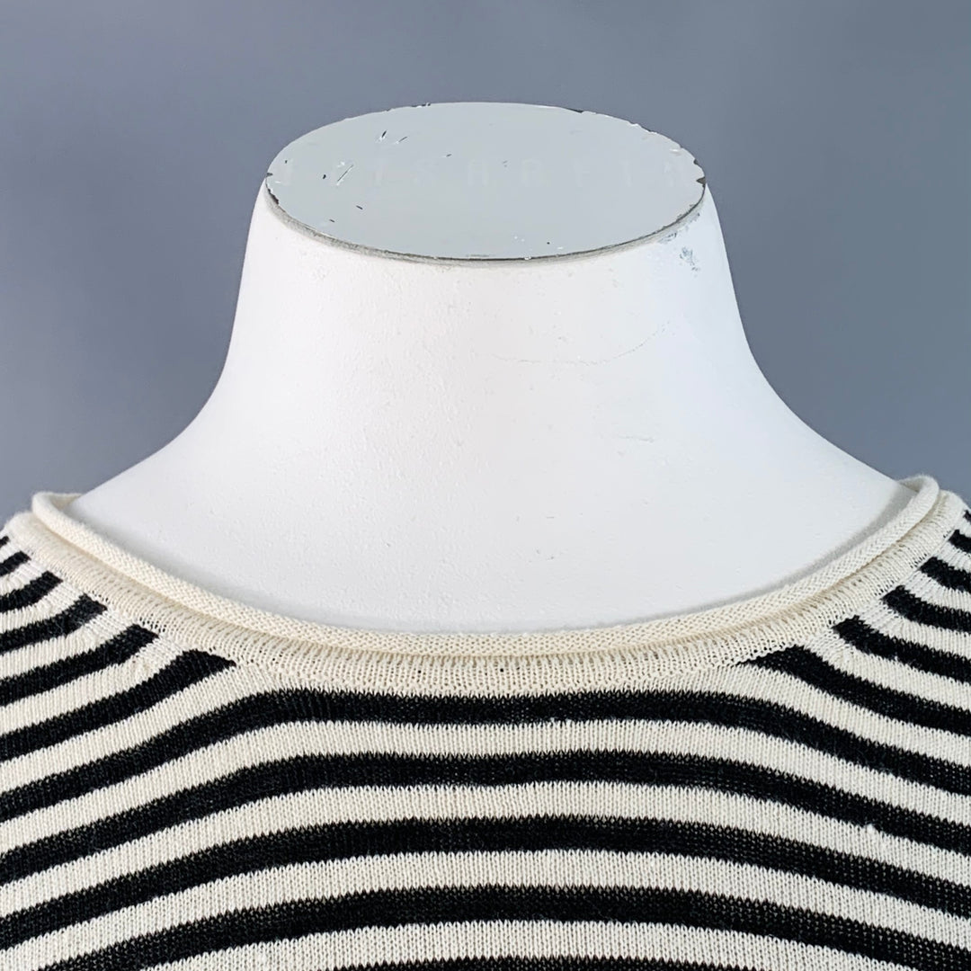 MAX MARA Size L White Black Linen Stripe Boxy Crew Neck Pullover