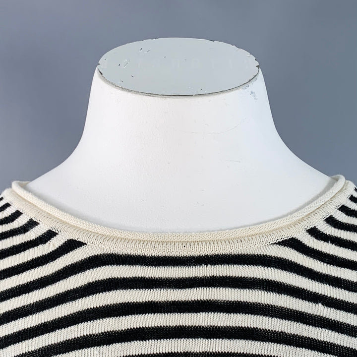 MAX MARA Size L White Black Linen Stripe Boxy Crew Neck Pullover