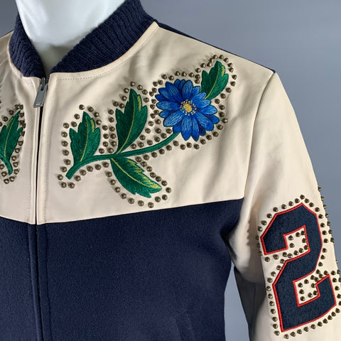 GUCCI Size 40 Navy Beige Studded Wool Zip Up Bomber Jacket