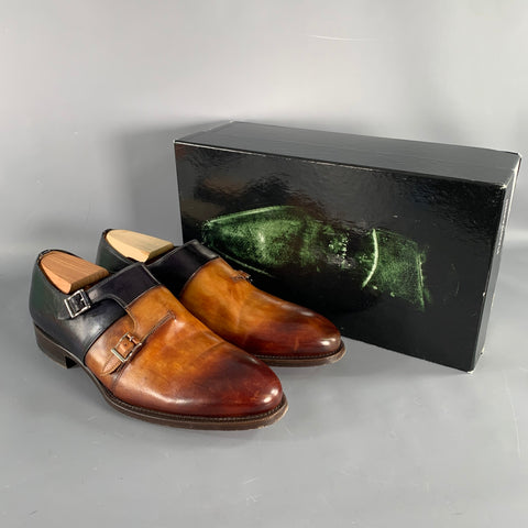 MAGNANNI Size 9.5 Neto Brown Navy Leather Monk Strap Loafers