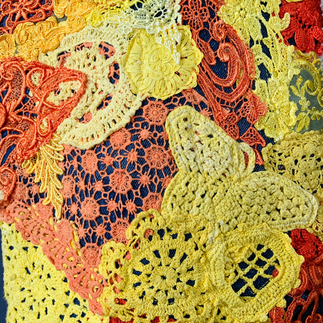 EARTHLING VIP Size XL Poetic Lust Blue Orange Yellow Lace Crochet Cotton Snaps Vest