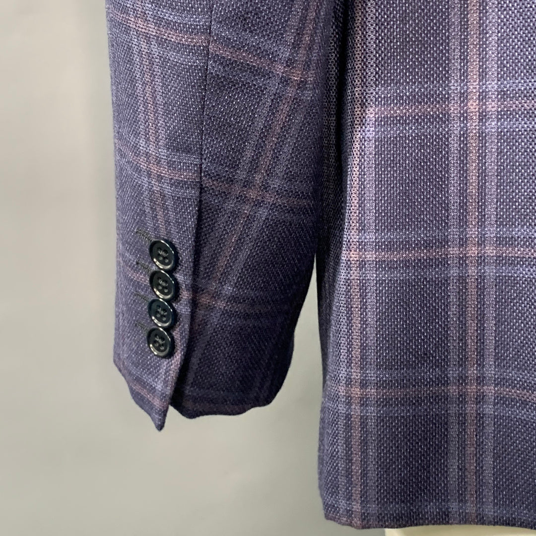 ARMANI COLLEZIONI Size 44 Navy Blue Brown Plaid Virgin Wool Notch Lapel Sport Coat